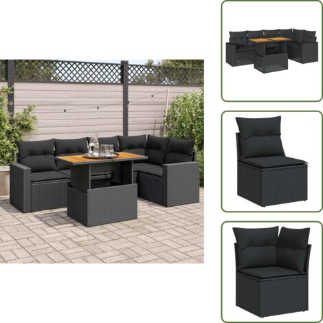 The Living Store Set Divano da Giardino 6 pz con Cuscini Nero in Polyrattan - Seduta angolare