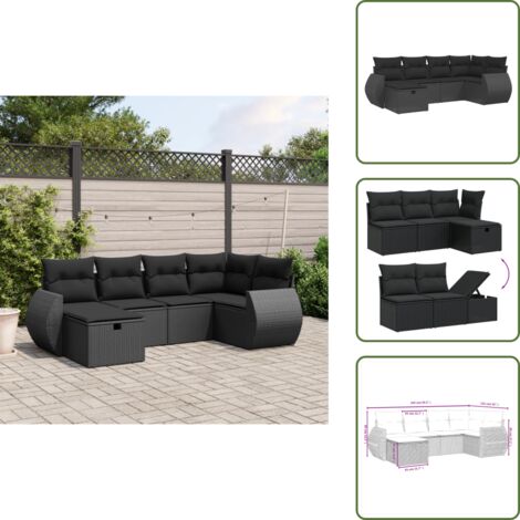The Living Store Set Divano da Giardino 6 pz con Cuscini Nero in Polyrattan - Seduta da esterno