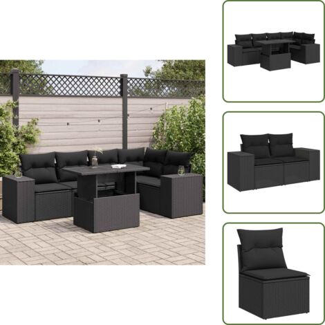 The Living Store Set Divano da Giardino 6 pz con Cuscini Nero in Polyrattan - Sedute angolari