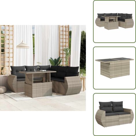 The Living Store Set Divano da Giardino 6pz con Cuscini Grigio Chiaro Polyrattan - Poltrona da giardino