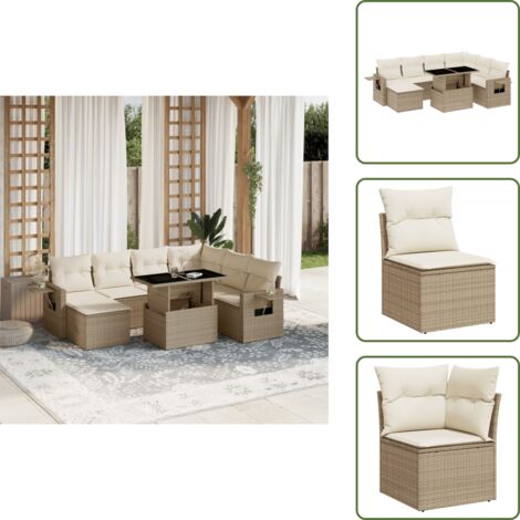 The Living Store Set Divano da Giardino 8 pz con Cuscini Beige in Polyrattan - Seduta angolare