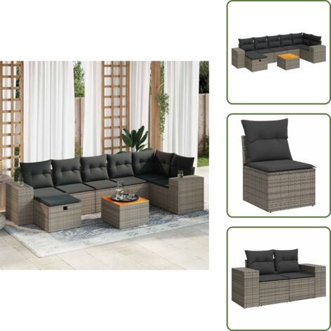 The Living Store Set Divano da Giardino 8 pz con Cuscini Grigio in Polyrattan - Poltrona da giardino