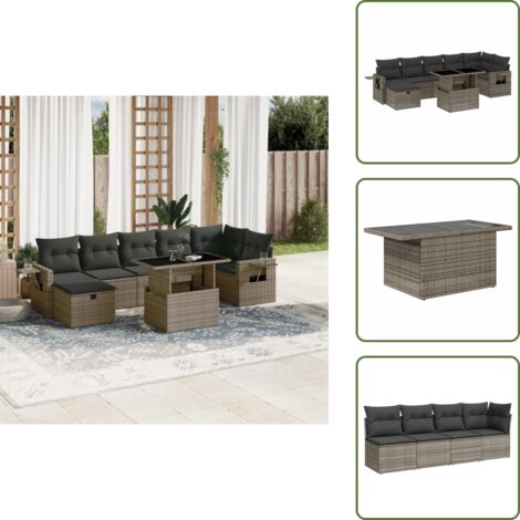 The Living Store Set Divano da Giardino 8 pz con Cuscini Grigio in Polyrattan - Seduta angolare
