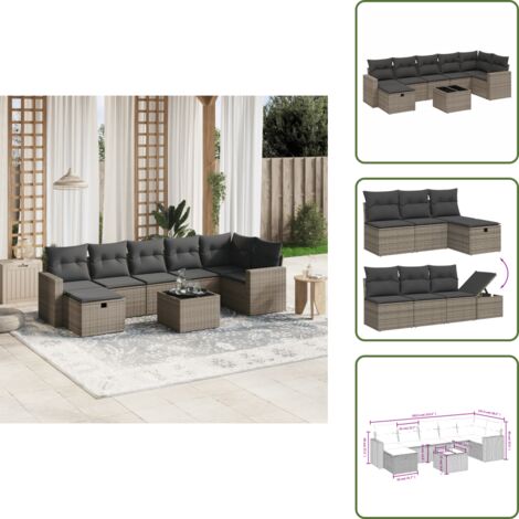 The Living Store Set Divano da Giardino 8 pz con Cuscini Grigio in Polyrattan - Seduta angolare