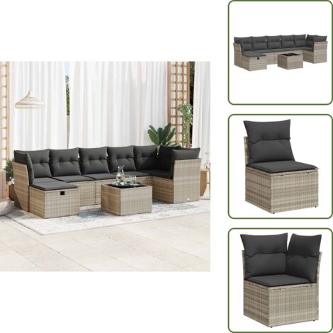 The Living Store Set Divano da Giardino 8pz con Cuscini Grigio Chiaro Polyrattan - Sedute angolari