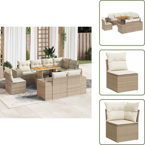 The Living Store Set Divano da Giardino 9 pz con Cuscini Beige in Polyrattan - Seduta angolare