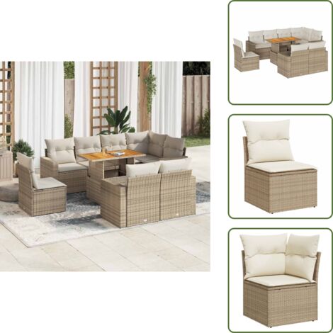 The Living Store Set Divano da Giardino 9 pz con Cuscini Beige in Polyrattan - Seduta angolare