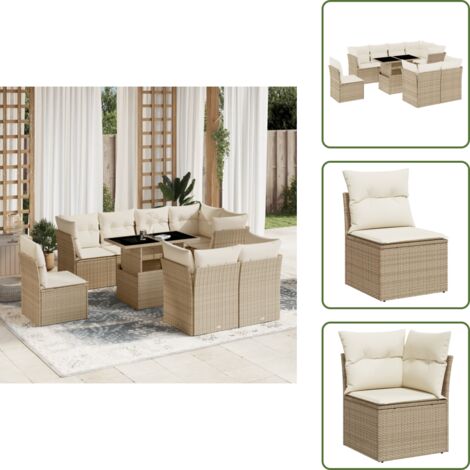 The Living Store Set Divano da Giardino 9 pz con Cuscini Beige in Polyrattan - Sedute angolari