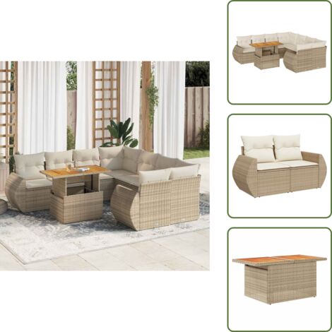 The Living Store Set Divano da Giardino 9 pz con Cuscini Beige in Polyrattan - Sedute angolari