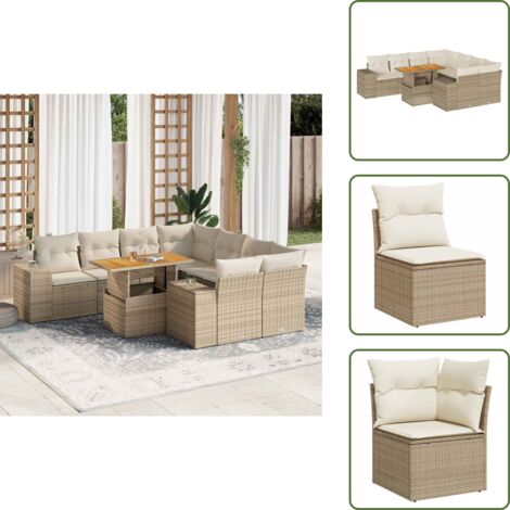The Living Store Set Divano da Giardino 9 pz con Cuscini Beige in Polyrattan - Sedute angolari