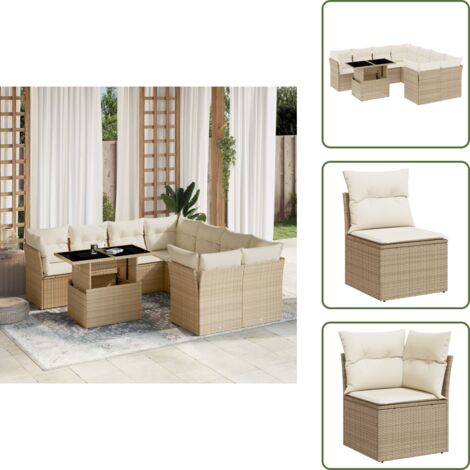 The Living Store Set Divano da Giardino 9 pz con Cuscini Beige in Polyrattan - Sedute angolari