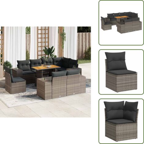 The Living Store Set Divano da Giardino 9 pz con Cuscini Grigio in Polyrattan - Seduta angolare