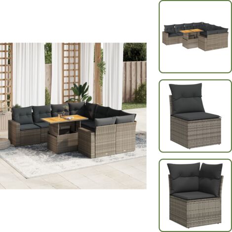 The Living Store Set Divano da Giardino 9 pz con Cuscini Grigio in Polyrattan - Sedute angolari