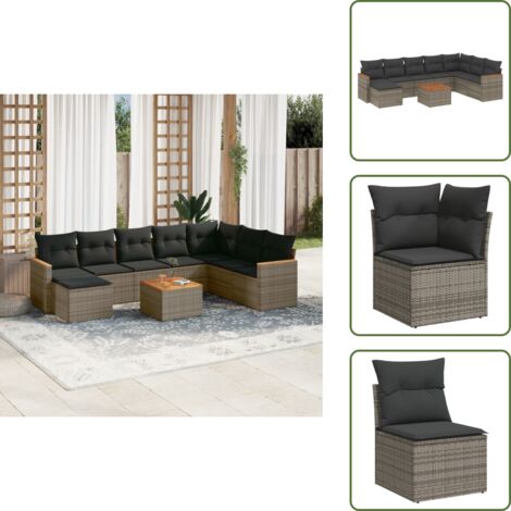 The Living Store Set Divano da Giardino 9 pz con Cuscini Grigio in Polyrattan - Sedute da esterno