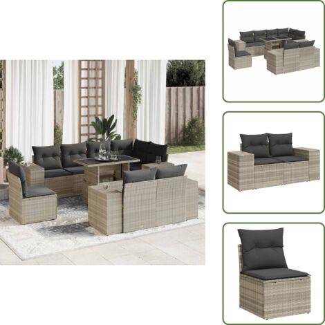The Living Store Set Divano da Giardino 9pz con Cuscini Grigio Chiaro Polyrattan - Seduta angolare