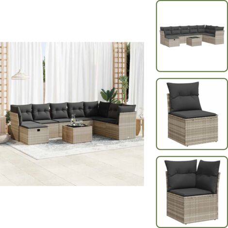 The Living Store Set Divano da Giardino 9pz con Cuscini Grigio Chiaro Polyrattan - Sedute angolari