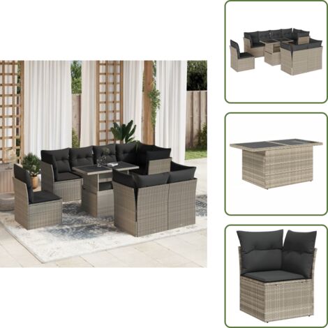 The Living Store Set Divano da Giardino 9pz con Cuscini Grigio Chiaro Polyrattan - Sedute angolari