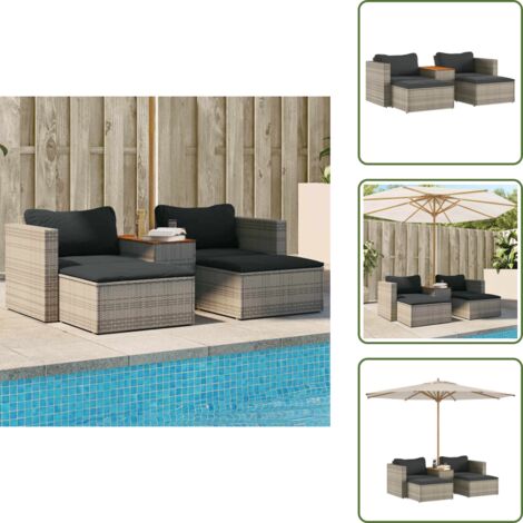 The Living Store Set Divano Giardino 5 pz con Cuscini Grigio Polyrattan Acacia - Poltrona da giardino