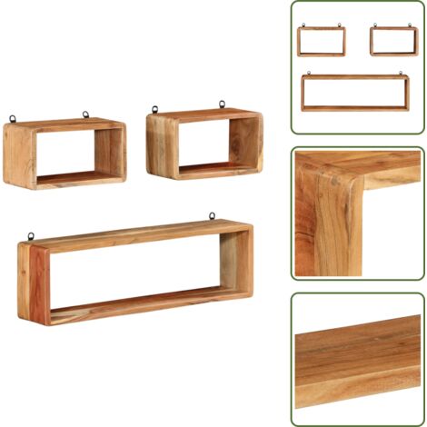 The Living Store Set Mensole Cubiche da Parete 3 pz in Legno Massello di Acacia - Mensole da parete
