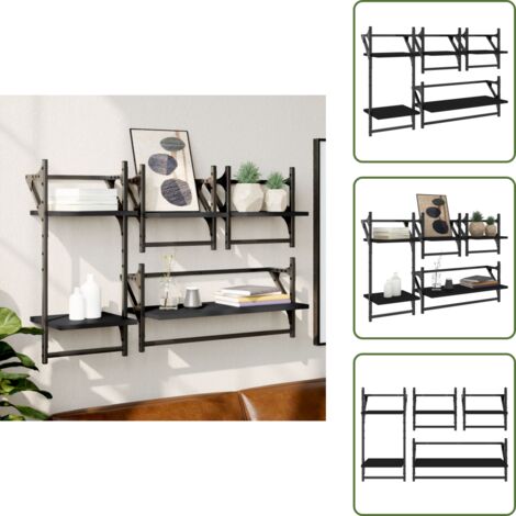 The Living Store Set Mensole da Parete con Aste 4pz Nero in Legno Multistrato - Scaffale a muro