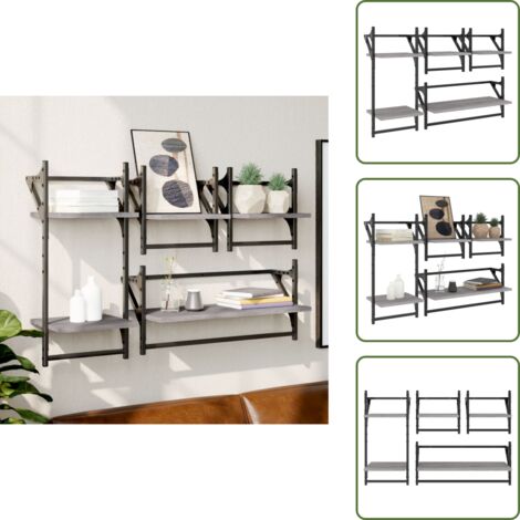 The Living Store Set Mensole Parete con Aste 4pz Grigio Sonoma Legno Multistrato - Scaffale da parete