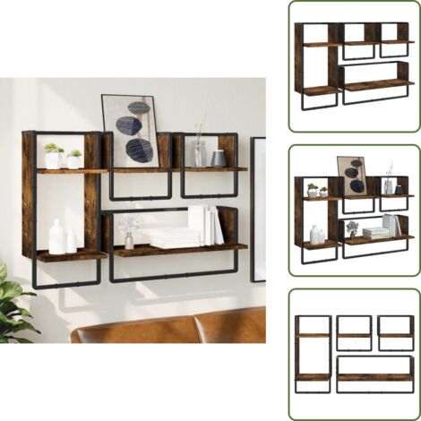 The Living Store Set Mensole Parete con Aste 4pz Rovere Fumo Legno Multistrato - Scaffale da parete