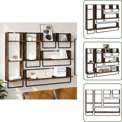 The Living Store Set Mensole Parete con Aste 6pz Rovere Fumo Legno Multistrato - Scaffale da parete