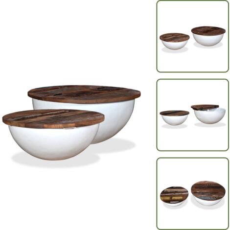 The Living Store Set mesa de centro forma de bol 2 uds madera reciclada blanco - Madera reciclada