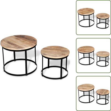The Living Store Set mesas centro redonda 2 uds madera mango rugosa 40 cm/50 cm - Mesa redonda