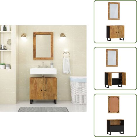 The Living Store Set Mobili da Bagno 2pz in Legno Massello di Mango - Specchio da bagno