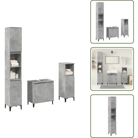 The Living Store Set Mobili da Bagno 3 pz Grigio Cemento in Legno Multistrato - Armadietto lavello