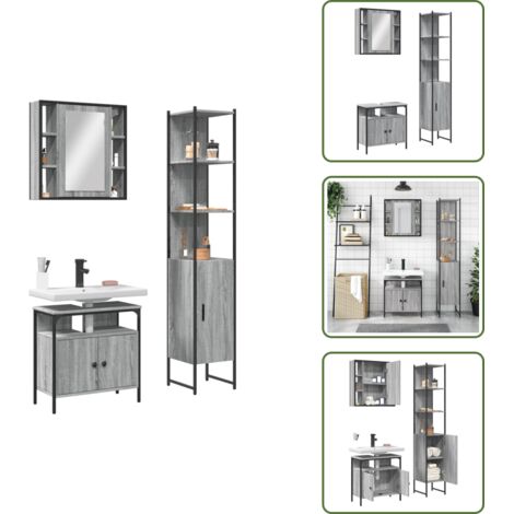 The Living Store Set Mobili da Bagno 3 pz Grigio Sonoma in Legno Multistrato - Armadietto a specchio