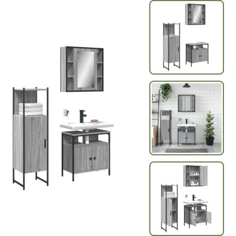 The Living Store Set Mobili da Bagno 3 pz Grigio Sonoma in Legno Multistrato - Armadietto a specchio