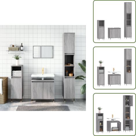The Living Store Set Mobili da Bagno 3 pz Grigio Sonoma in Legno Multistrato - Armadietto da bagno