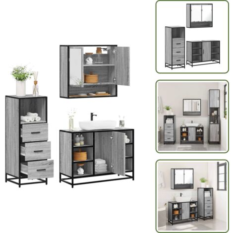 The Living Store Set Mobili da Bagno 3 pz Grigio Sonoma in Legno Multistrato - Mobile da bagno