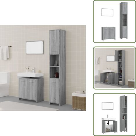 The Living Store Set Mobili da Bagno 3 pz Grigio Sonoma in Legno Multistrato - Specchio da bagno