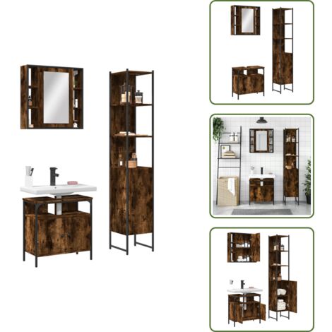 The Living Store Set Mobili da Bagno 3 pz Rovere Fumo in Legno Multistrato - Armadietto a specchio
