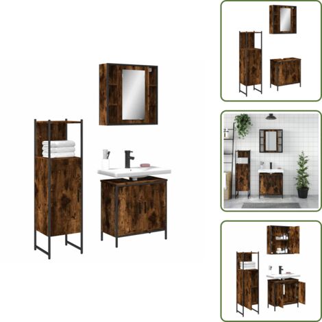 The Living Store Set Mobili da Bagno 3 pz Rovere Fumo in Legno Multistrato - Armadietto a specchio