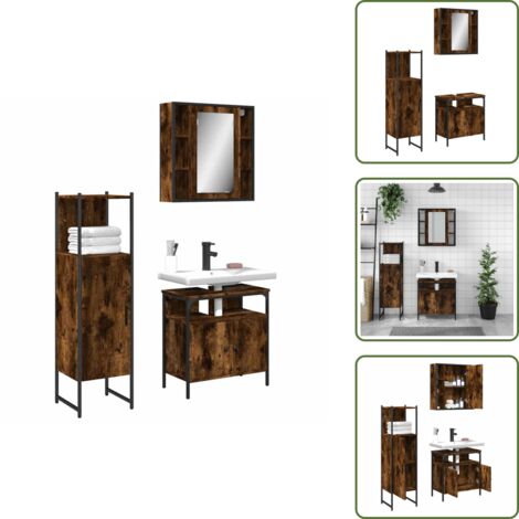 The Living Store Set Mobili da Bagno 3 pz Rovere Fumo in Legno Multistrato - Armadietto a specchio