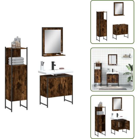 The Living Store Set Mobili da Bagno 3 pz Rovere Fumo in Legno Multistrato - Armadietto lavello