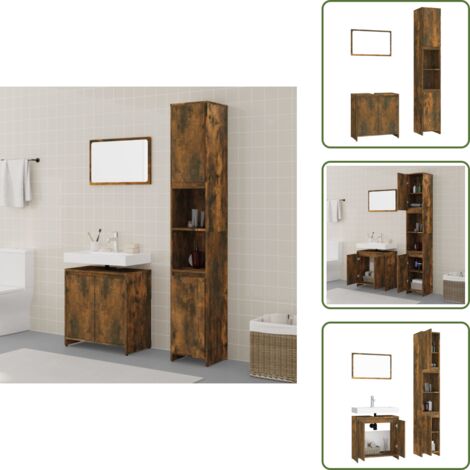 The Living Store Set Mobili da Bagno 3 pz Rovere Fumo in Legno Multistrato - Specchio da bagno