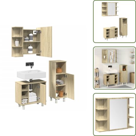 The Living Store Set Mobili da Bagno 3 pz Rovere Sonoma in Legno Multistrato - Specchio da bagno