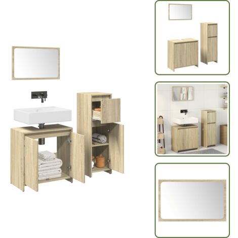 The Living Store Set Mobili da Bagno 3 pz Rovere Sonoma in Legno Multistrato - Specchio da bagno