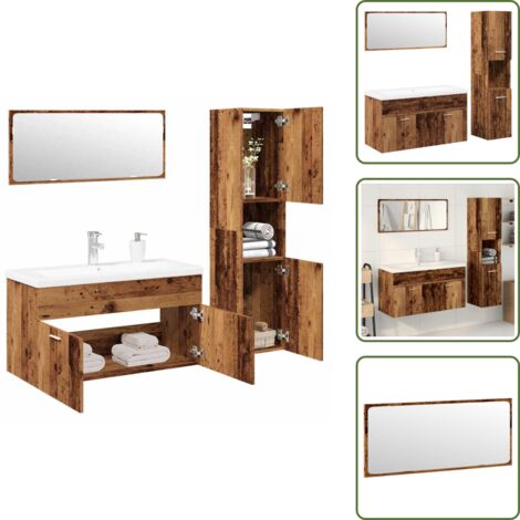 The Living Store Set Mobili da Bagno 4 pz Legno Antico in Legno Multistrato - Specchio da bagno