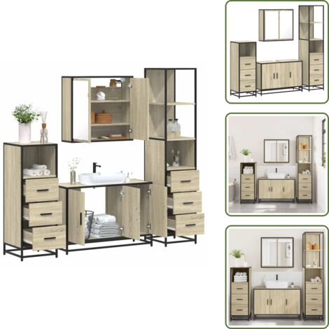 The Living Store Set Mobili da Bagno 4 pz Rovere Sonoma in Legno Multistrato - Armadietto a specchio