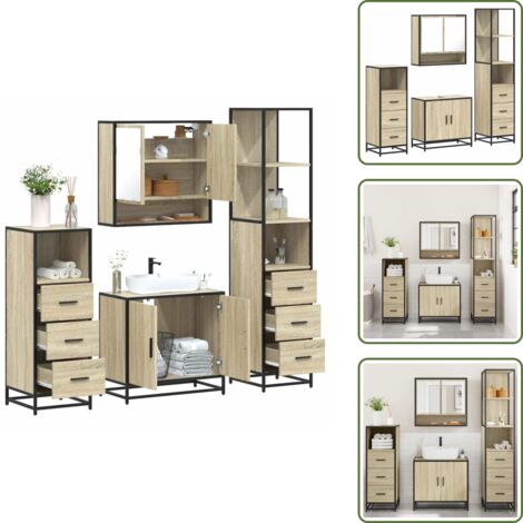 The Living Store Set Mobili da Bagno 4 pz Rovere Sonoma in Legno Multistrato - Armadietto a specchio