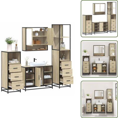 The Living Store Set Mobili da Bagno 4 pz Rovere Sonoma in Legno Multistrato - Armadietto a specchio