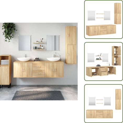The Living Store Set Mobili da Bagno 7 pz Rovere in Legno Multistrato - Specchio da bagno