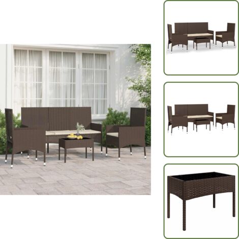 The Living Store Set Mobili da Giardino 4 pz con Cuscini in Polyrattan Marrone - Tavolino da caffè