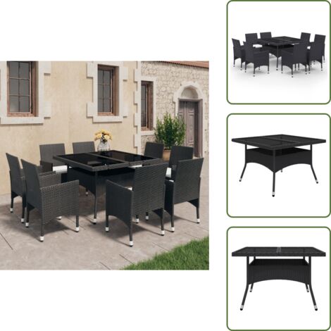 The Living Store Set Mobili da Pranzo per Giardino 9 pz Polyrattan e Vetro Nero - Tavolo da pranzo all'aperto